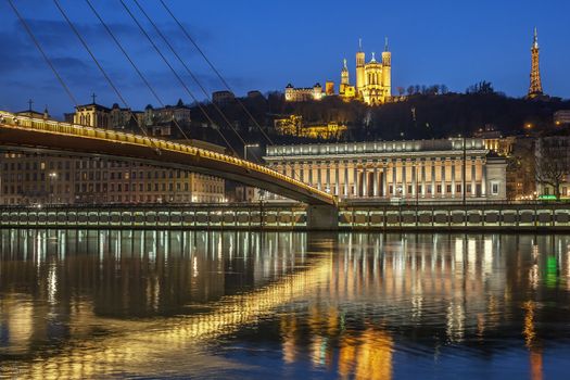 View of Saone river at Lyon by night, France