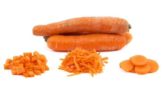 Fresh carrots with slices on a white background