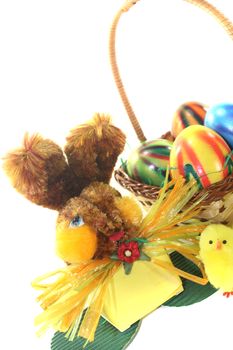 Easter Basket with chick, eggs and bunny on a light background