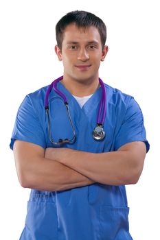 portrait of handsome doctor wearing blue uniform isolated on white background