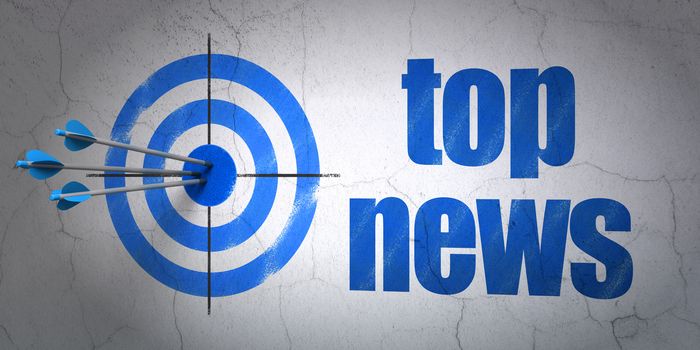 Success news concept: arrows hitting the center of target, Blue Top News on wall background, 3d render