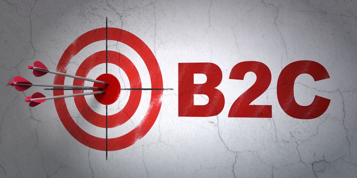 Success business concept: arrows hitting the center of target, Red B2c on wall background, 3d render