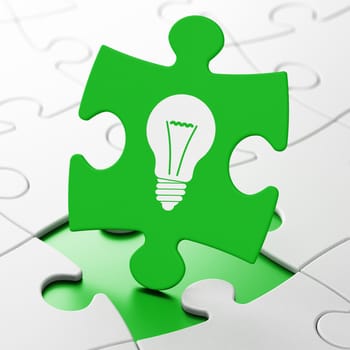 Finance concept: Light Bulb on Green puzzle pieces background, 3d render