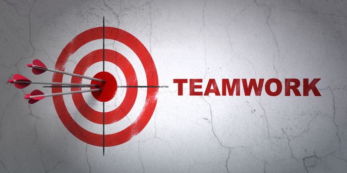 Success business concept: arrows hitting the center of target, Red Teamwork on wall background, 3d render