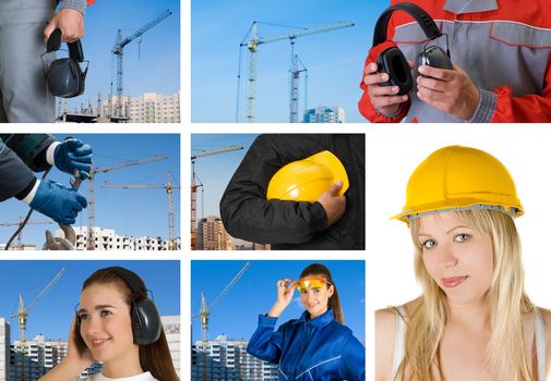 workers with equipment on building background sets