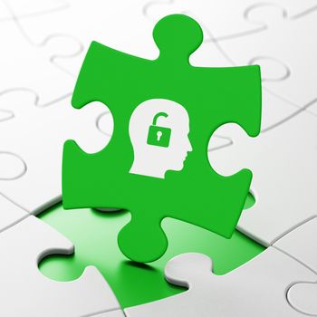 Finance concept: Head With Padlock on Green puzzle pieces background, 3d render