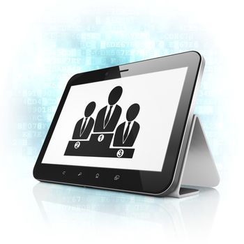Law concept: black tablet pc computer with Business Team icon on display. Modern portable touch pad on Blue Digital background, 3d render