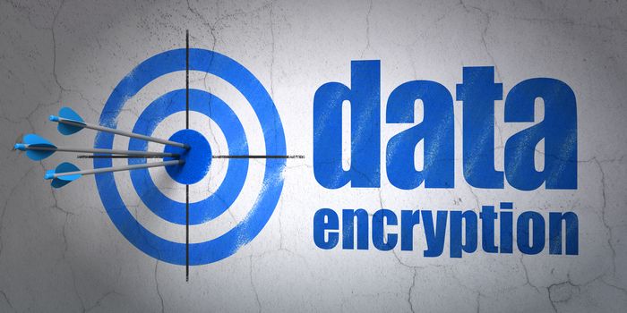 Success safety concept: arrows hitting the center of target, Blue Data Encryption on wall background, 3d render