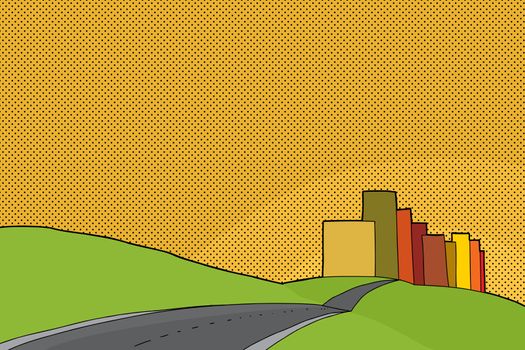 Cartoon of city limits with hills and sunset