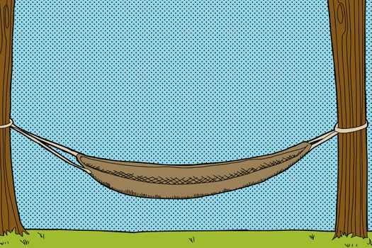 Cartoon of empty hammock between two trees