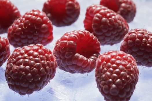 Ripe red raspberries on ice