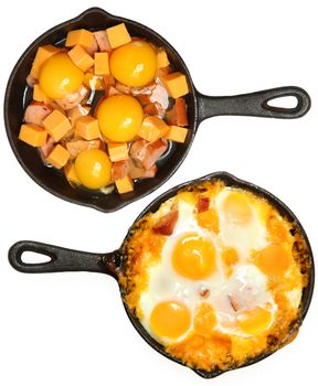 Before After Baked Eggs and Sausage with Cheese in Skillets Over White.