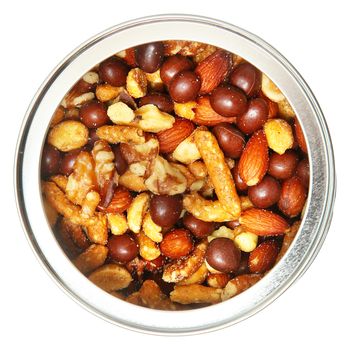 Open Tin Can of Mixed Nuts Over White Top View