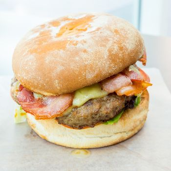 bbq hamburger cheese on white dish