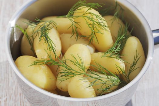 Potatoes with dill in a steel pot.
