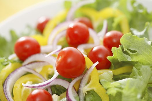 Salad on a plate. Cherry tomatoes, salad, yellow bell pepper and red onion.