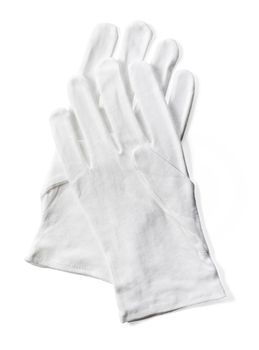 Pair of white protective  cotton gloves isolated on white with natural shadow.