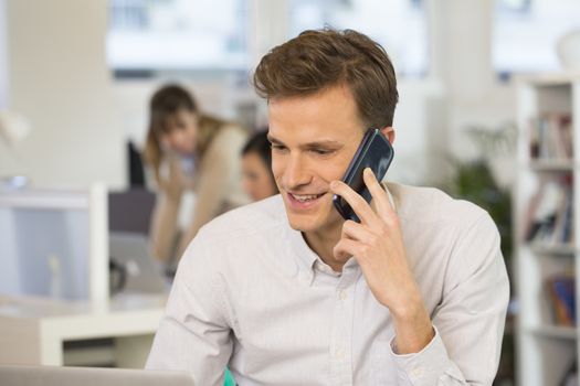 Man Cheerful desk cell phone young