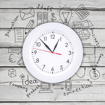 Conceptual image of clock with business sketches at background