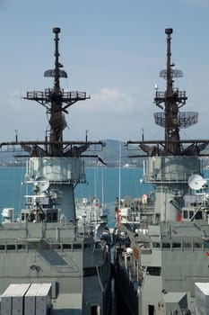 The signals on a large ship with a mast of a ship signals.