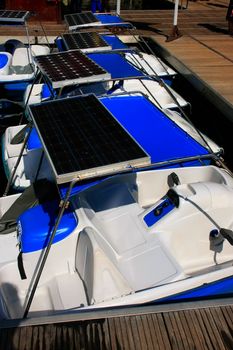 Pedal boats with solar panels at Pregnant Maiden lake, Marble Geoforest Park, Langkawi, Malaysia