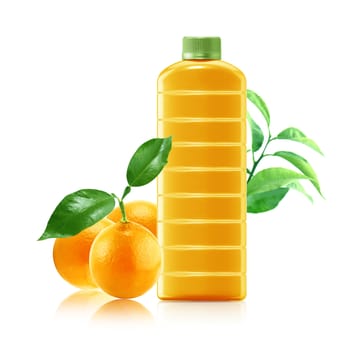 Orange juice in a plastic container jug with fresh orange and leaves on a white background.