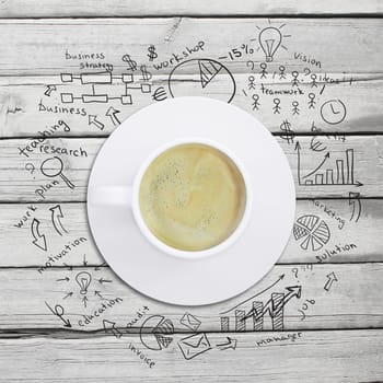 Conceptual image of cup of coffee with business sketches at background