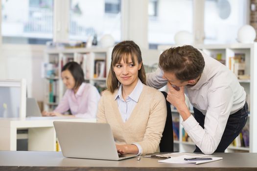 Business Woman man seduce working desk