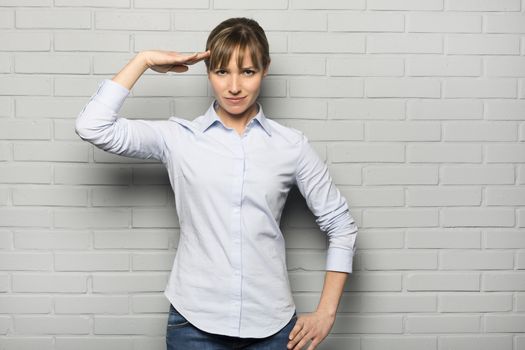 Female casual serious studio wall  grey gesture isolated