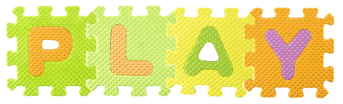 Play word created from Alphabet puzzle isloated on white background , with clipping path.