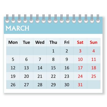 Calendar sheet for march month in white background, week starts from monday