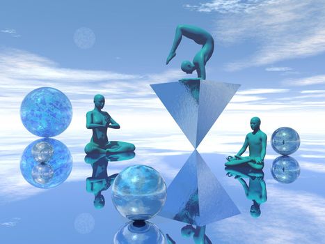 Meditation and yoga pose surrounded with shape in blue background