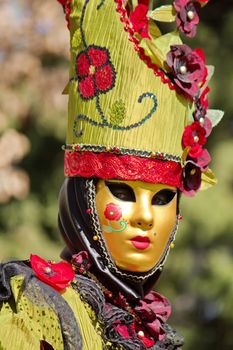 Red and green person portrait at the 2014 venetian carnival of Annecy, France