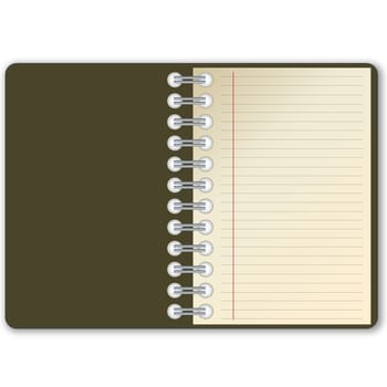 Open notebook with blank page in white background