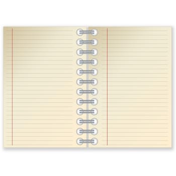 Open notebook with blank page in white background