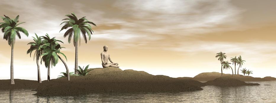 Man meditating on a tropical island with palm trees by brown day