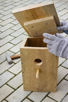 Making a birdhouse from wooden boards spring season
