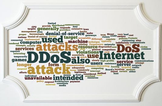 DDOS word cloud concept on white wooden frame board