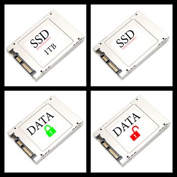 Collage four SSD drives on white background