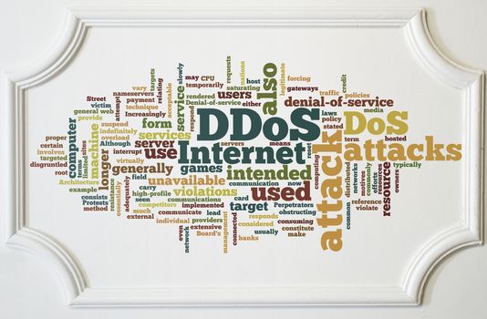 DDOS word cloud concept on white wooden frame board