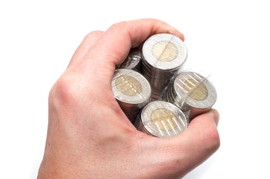 Male Asian hand holding a bunch of two dollar coins on white background