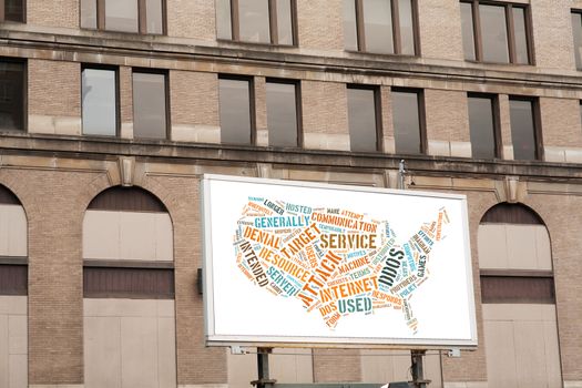 Advertising billboard with DDOS word cloud sign USA map on brick wall background texture