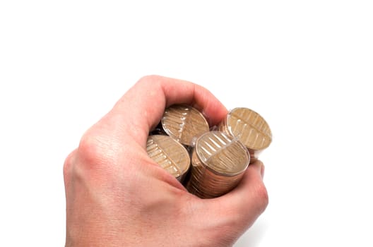 Male Asian hand holding a bunch of one dollar coins on white background