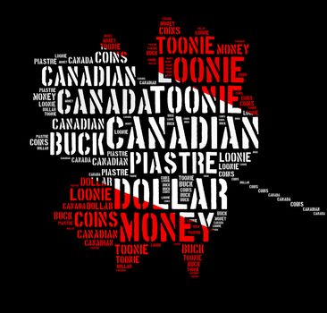 Canada monetary concept with word cloud with shape of maple leaf