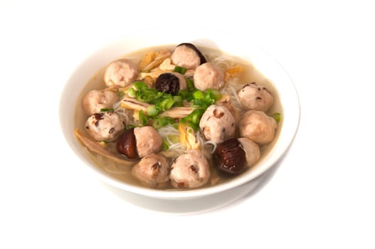 Vietnamese bun moc soup on white background