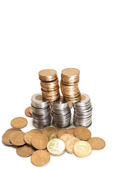 One Canadian dollar coins stack on white background