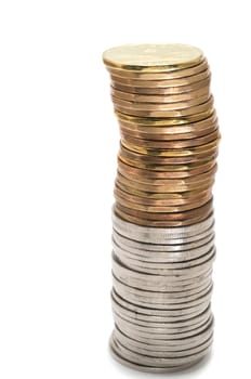 Canadian dollar coins stack on white background