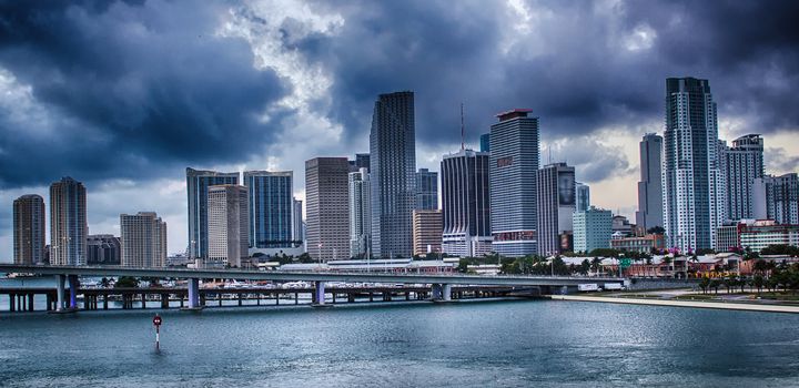 Miami city skyline panorama with urban skyscrapers.