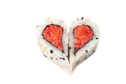 Sushi forming heart shape on white background