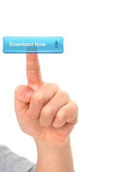 Asian Child finger Touching a download button on virtual screen on white background